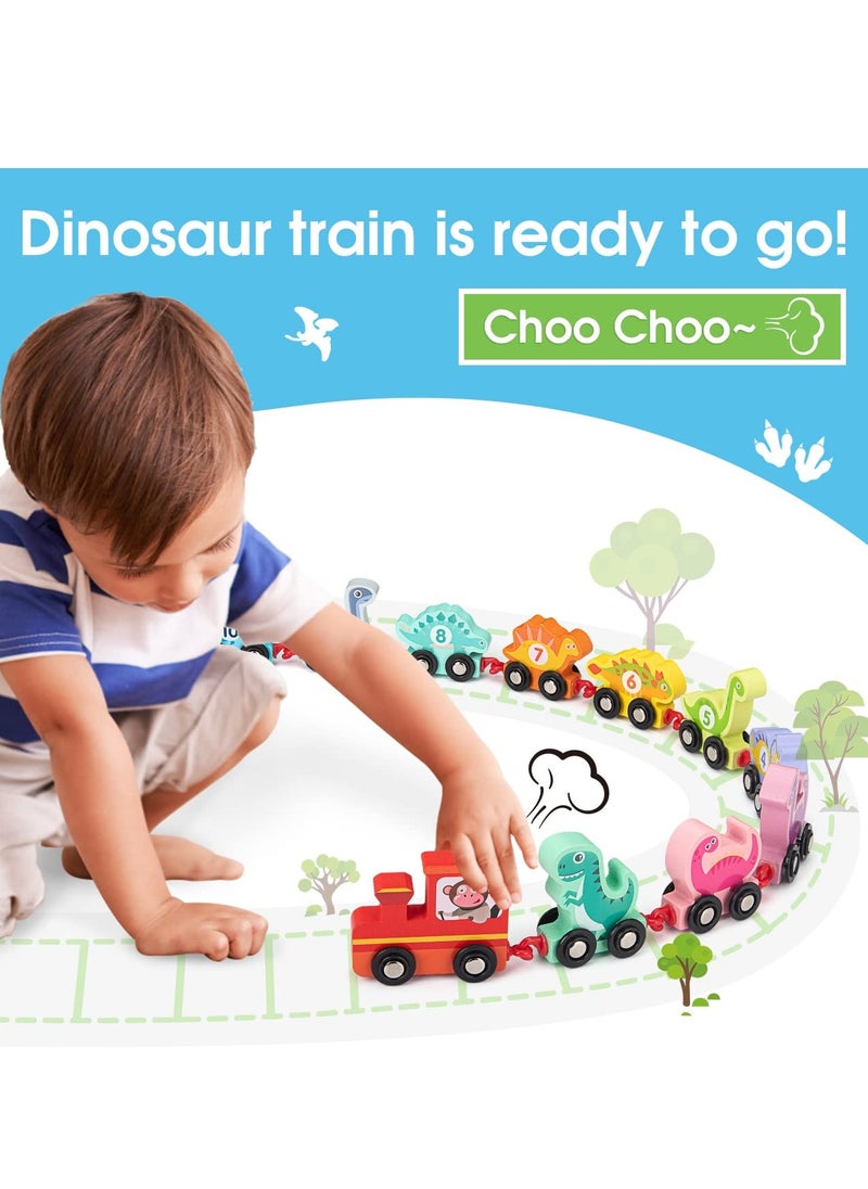 SYOSI 11 PCS Toy Cars for 1 2 3 Year Old Boy Girls Gifts, with Wooden Dinosaur Train Cars with Numbers,Educational Toy Train Set for 2 3 4 Year Old Birthday Gifts Baby Toys 12 18 Months for Infant Toddler  - Image 2