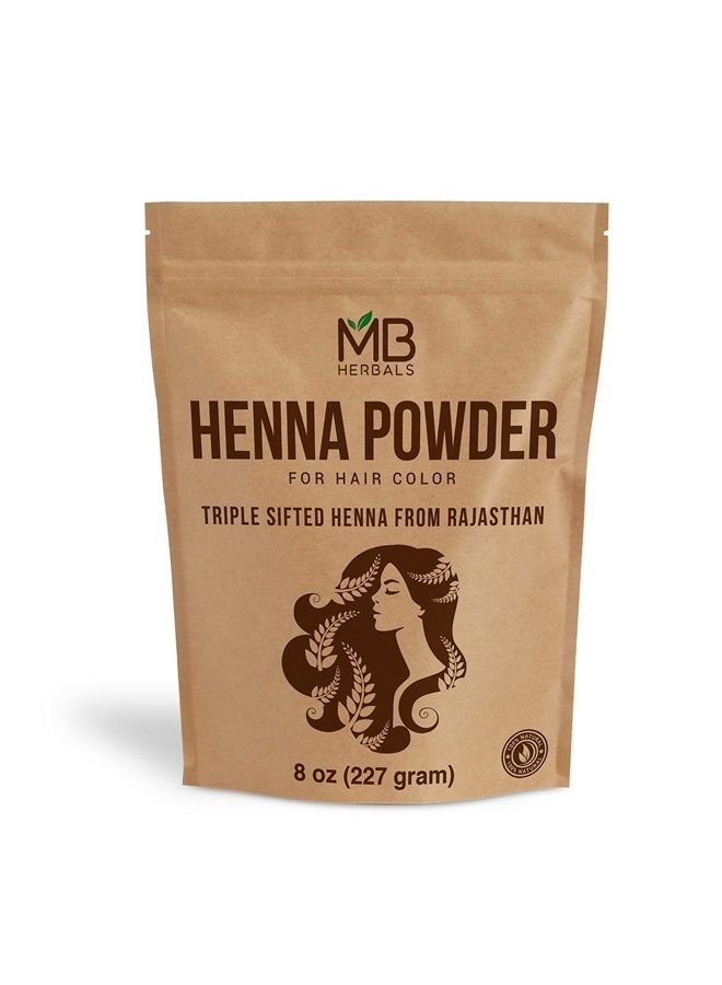 MB Herbals مسحوق الحناء 8 أونصات (227 جرام) / 0.5 رطل | 100% حناء نقية وطبيعية، لا شيء مضاف | لتلوين الشعر باللون البرتقالي الأحمر الطبيعي | حناء منخولة ثلاث مرات لصبغ الشعر | من راجستان، الهند