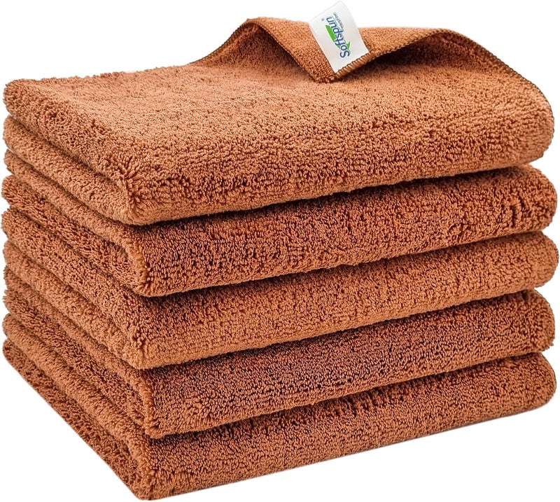 سوفتسبون مناديل تنظيف من القطن الدقيق من نوع SOFTSPUN، مقاس 40x60 سم، مجموعة من 5 قطع، سمك 380 جرام (لون بني). مناديل متعددة الاستخدامات، سميكة وخالية من الشعيرات الزائدة والبقع. - Image 2