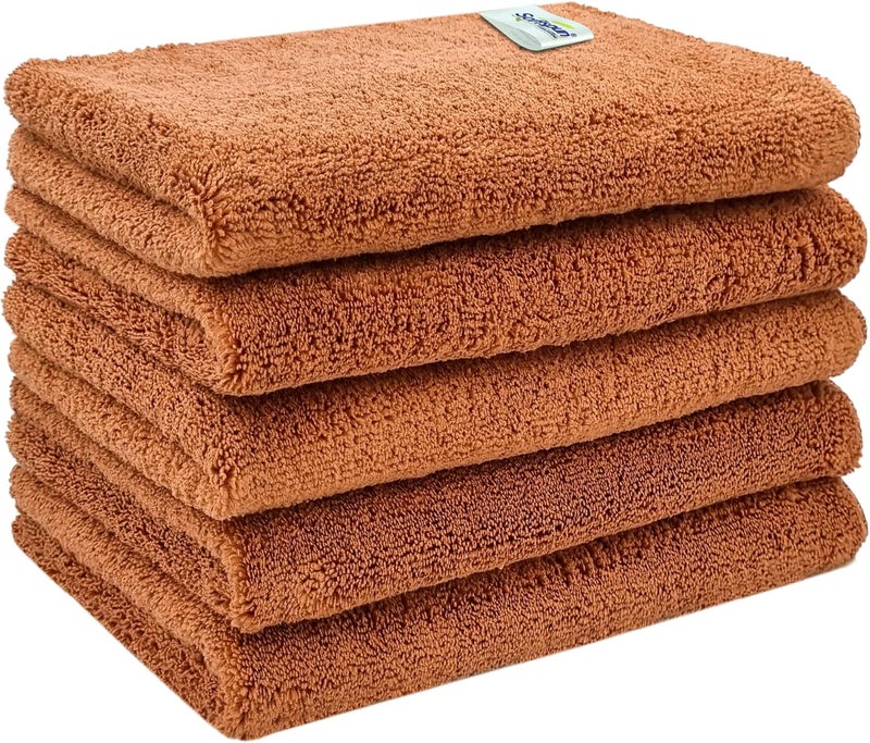سوفتسبون مناديل تنظيف من القطن الدقيق من نوع SOFTSPUN، مقاس 40x60 سم، مجموعة من 5 قطع، سمك 380 جرام (لون بني). مناديل متعددة الاستخدامات، سميكة وخالية من الشعيرات الزائدة والبقع. - Image 1