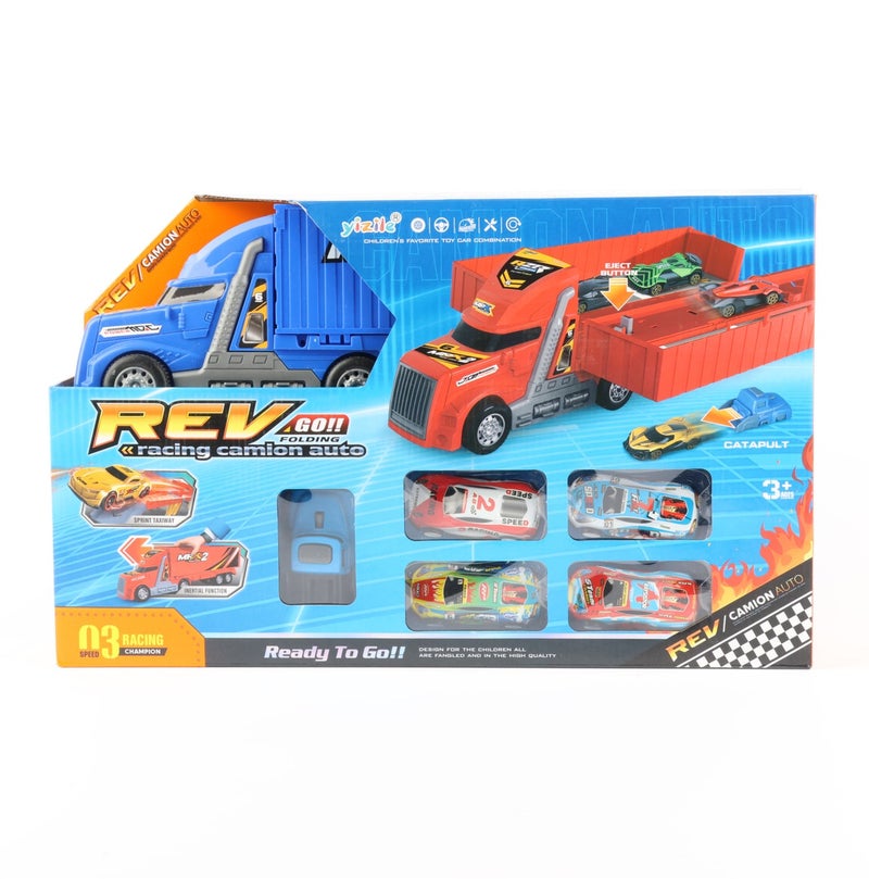 2-in-1 Blue Folding Transport Truck and Racing Track Playset with 4 Tinplate Racing Cars, Inertia Powered Car Carrier Toy with Built-In Launcher, Battery-Free Vehicle Playset for Kids - Image 1