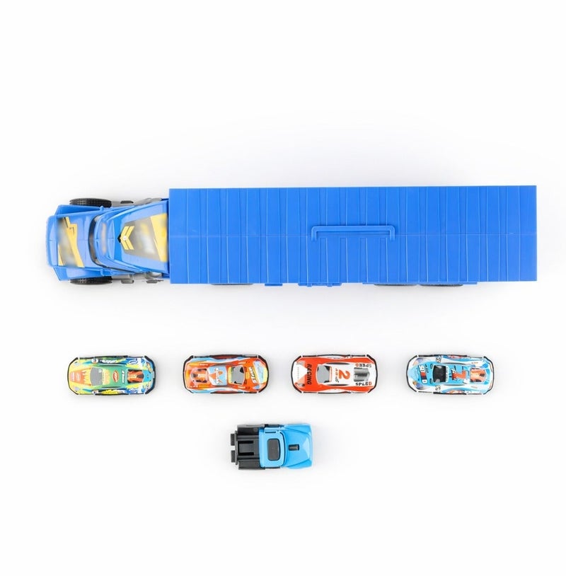 2-in-1 Blue Folding Transport Truck and Racing Track Playset with 4 Tinplate Racing Cars, Inertia Powered Car Carrier Toy with Built-In Launcher, Battery-Free Vehicle Playset for Kids - Image 4
