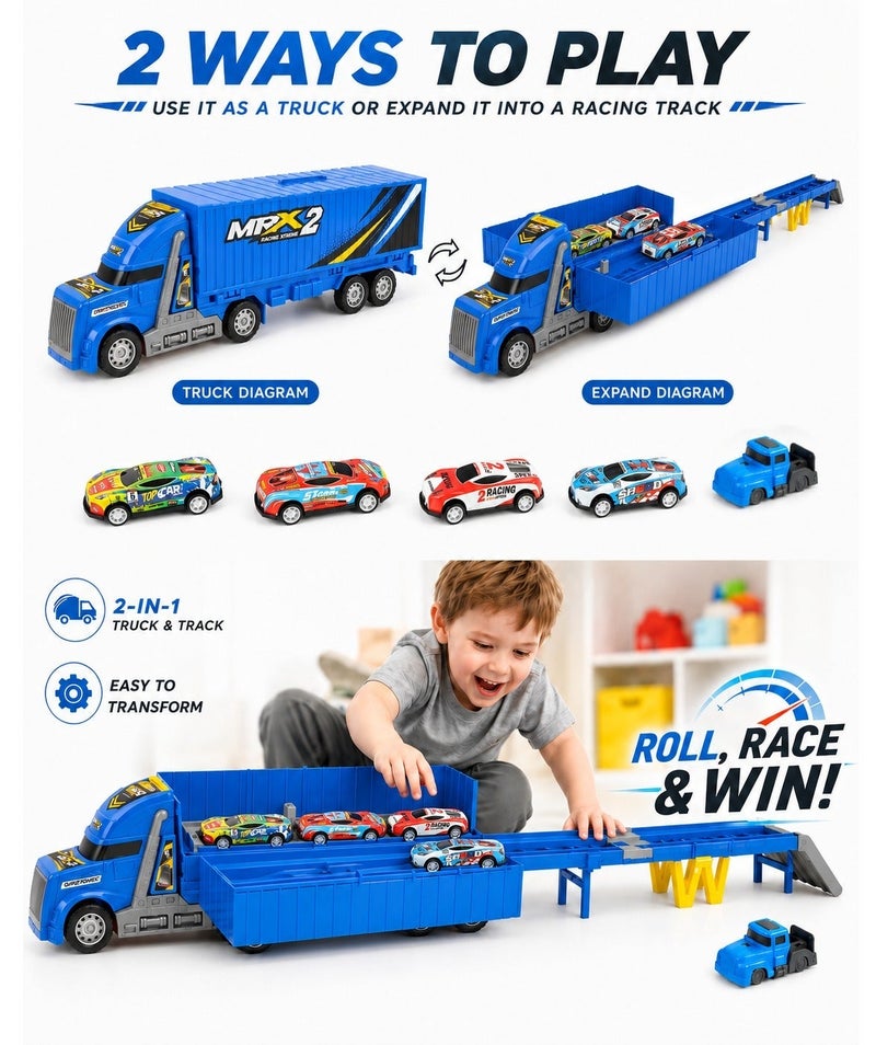 2-in-1 Blue Folding Transport Truck and Racing Track Playset with 4 Tinplate Racing Cars, Inertia Powered Car Carrier Toy with Built-In Launcher, Battery-Free Vehicle Playset for Kids - Image 2