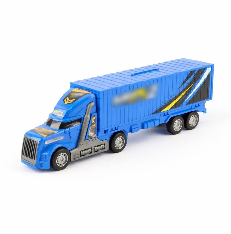 2-in-1 Blue Folding Transport Truck and Racing Track Playset with 4 Tinplate Racing Cars, Inertia Powered Car Carrier Toy with Built-In Launcher, Battery-Free Vehicle Playset for Kids - Image 5