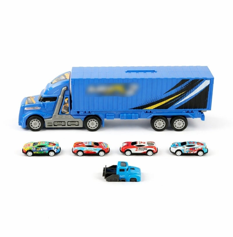 O2. 2-in-1 Blue Folding Transport Truck and Racing Track Playset with 4 Tinplate Racing Cars, Inertia Powered Car Carrier Toy with Built-In Launcher, Battery-Free Vehicle Playset for Kids - Image 2