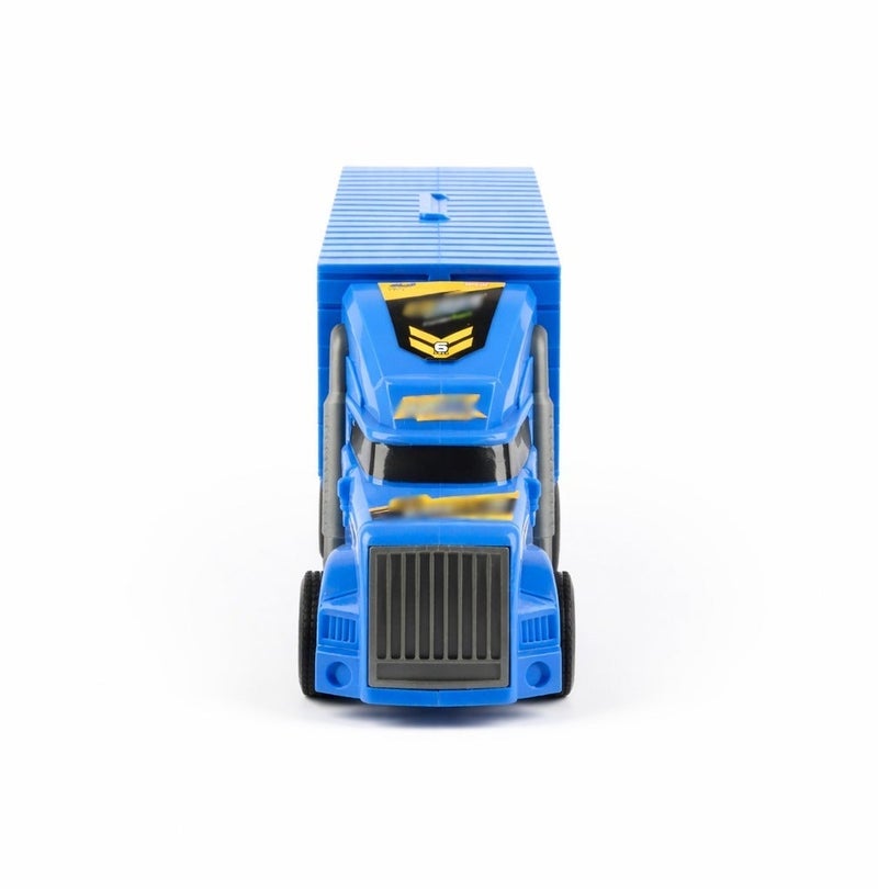 O2. 2-in-1 Blue Folding Transport Truck and Racing Track Playset with 4 Tinplate Racing Cars, Inertia Powered Car Carrier Toy with Built-In Launcher, Battery-Free Vehicle Playset for Kids - Image 5