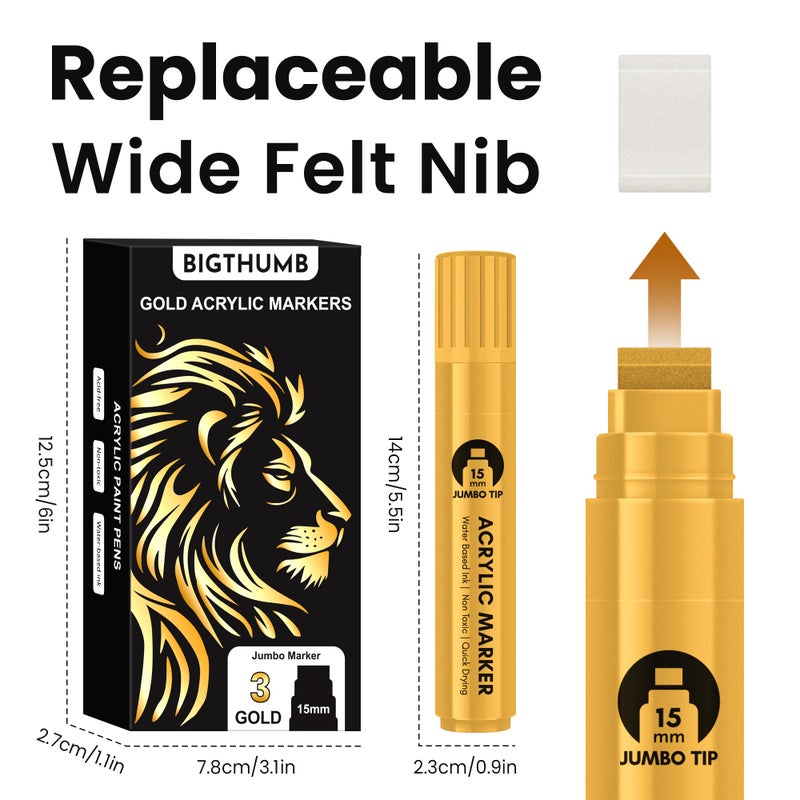 BIGTHUMB 3 Pcs Gold Jumbo Permanent Markers: 15mm Wide Tip Thick Acrylic Paint Pen Large Calligraphy Marker for Rock Painting, Poster, Sign, Canvas, Glass, Wood, Ceramic - Image 5