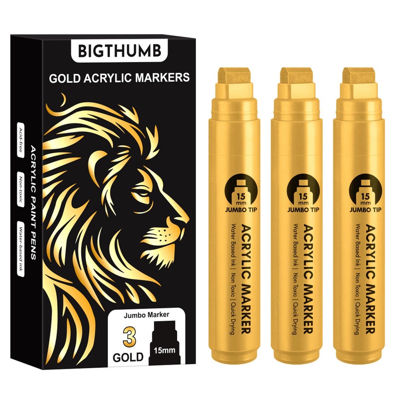 BIGTHUMB 3 Pcs Gold Jumbo Permanent Markers: 15mm Wide Tip Thick Acrylic Paint Pen Large Calligraphy Marker for Rock Painting, Poster, Sign, Canvas, Glass, Wood, Ceramic - Image 1