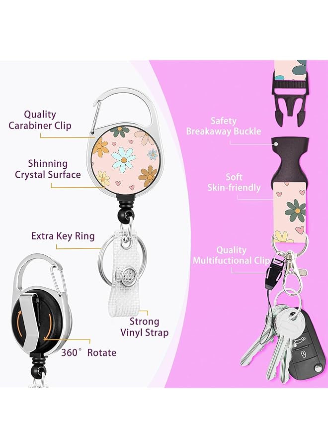 erorex Id Badge Holder With Lanyard And Retractable Badge Reel Clip Keychain Lanyard Name Card Vertical Id Protector Id Card Holder Keychain Name Badge Clip For Women Men Flower  - Image 4