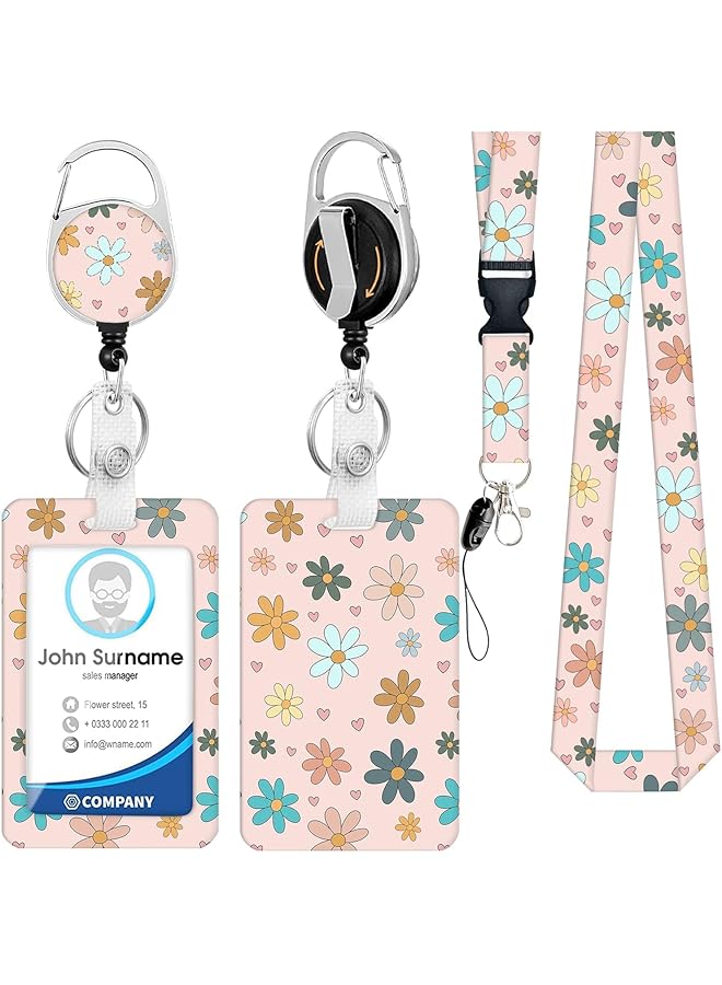 erorex Id Badge Holder With Lanyard And Retractable Badge Reel Clip Keychain Lanyard Name Card Vertical Id Protector Id Card Holder Keychain Name Badge Clip For Women Men Flower  - Image 1