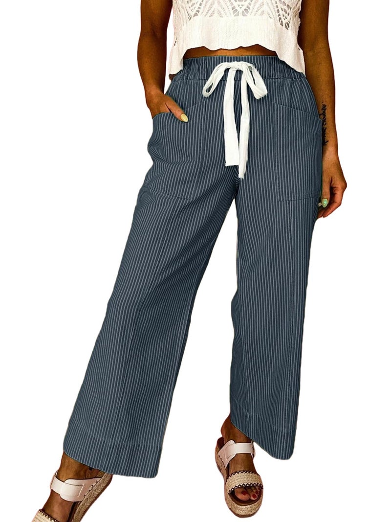 Acelitt Women's Casual Fashion 2026 Spring Striped Pants Elastic Waist High Waist Wide Leg Linen Pants Trousers Blue Small - Image 1
