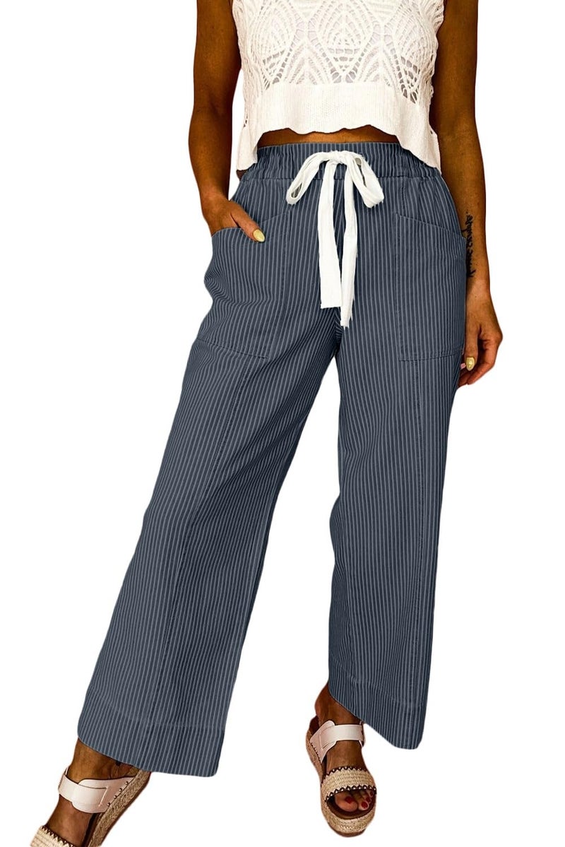 Acelitt Women's Casual Fashion 2026 Spring Striped Pants Elastic Waist High Waist Wide Leg Linen Pants Trousers Blue Small - Image 2