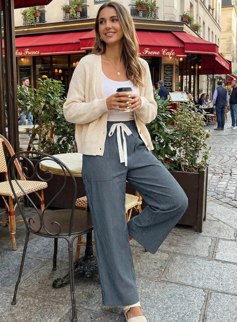 Acelitt Women's Casual Fashion 2026 Spring Striped Pants Elastic Waist High Waist Wide Leg Linen Pants Trousers Blue Small - Image 3