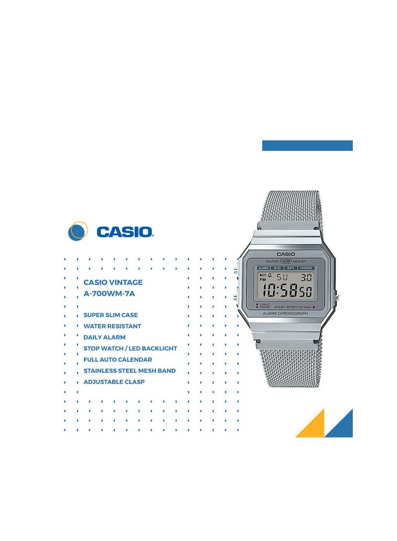 CASIO ساعة يد رقمية من الستانلس ستيل من سلسلة Vintage A-700WM-7ADF باللون الفضي - Image 2