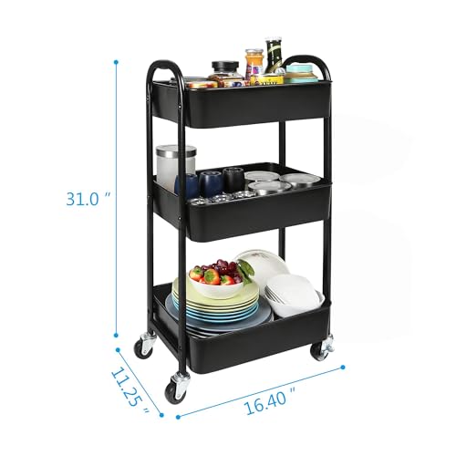 MAX Houser 3-Tier Rolling Utility Cart with Caster Wheels,Easy Assembly, for Kitchen, Bathroom (Black) - Image 3