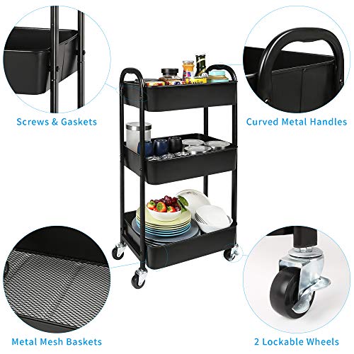 MAX Houser 3-Tier Rolling Utility Cart with Caster Wheels,Easy Assembly, for Kitchen, Bathroom (Black) - Image 5