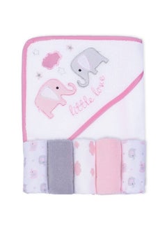 Viviland Baby Towels and Washcloths, Soft Absorbent Pink Baby Bath Towel Set, Elephant Hooded Towels with 5 Infant Face Washcloths (6 Pieces)