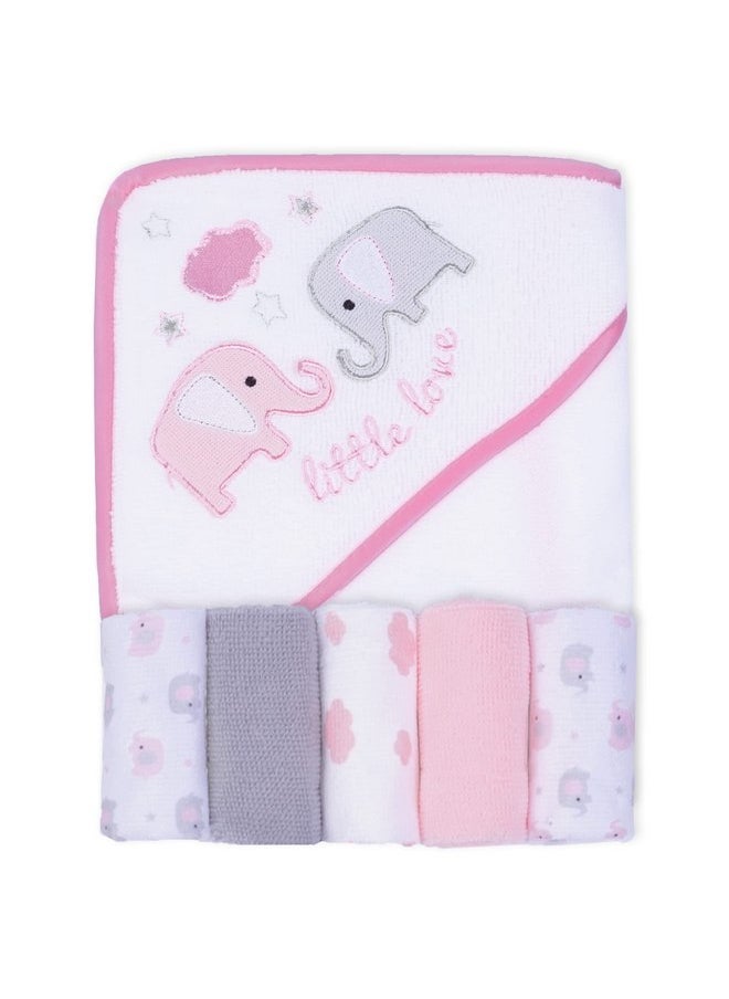 Viviland - Viviland Baby Towels and Washcloths, Soft Absorbent Pink Baby Bath Towel Set, Elephant Hooded Towels with 5 Infant Face Washcloths (6 Pieces) - Image 1