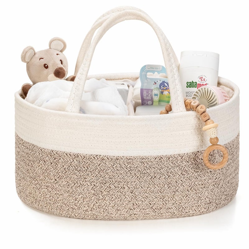 Kodomoore Diaper Caddy Organizer Empty Gift Basket for Newborn Essentials Baby Storage Basket Stylish Gift Bag for Baby Shower Boys and Girls Small WhiteBeige Brown - Image 2