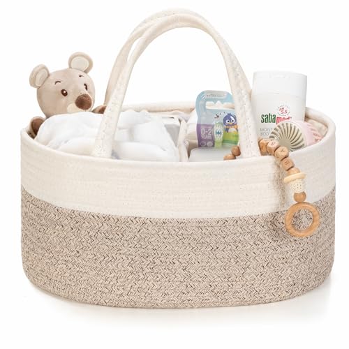 Kodomoore Diaper Caddy Organizer Empty Gift Basket for Newborn Essentials Baby Storage Basket Stylish Gift Bag for Baby Shower Boys and Girls Small WhiteBeige Brown - Image 1