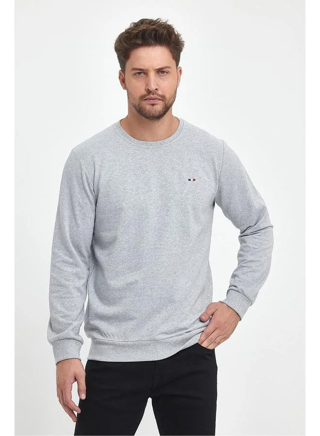 Men's Grey Crew Neck Regular Fit Sweatshirt with Embroidered Details