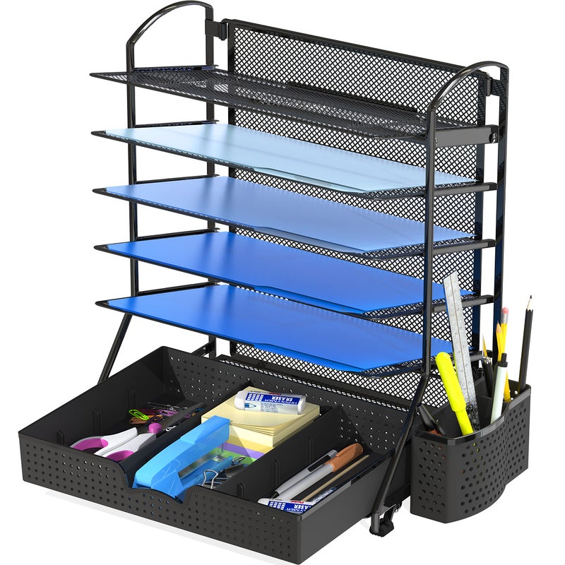 Simple Houseware 6Tier Desk Document File Tray Organizer with Supplies Sliding Drawer Black
