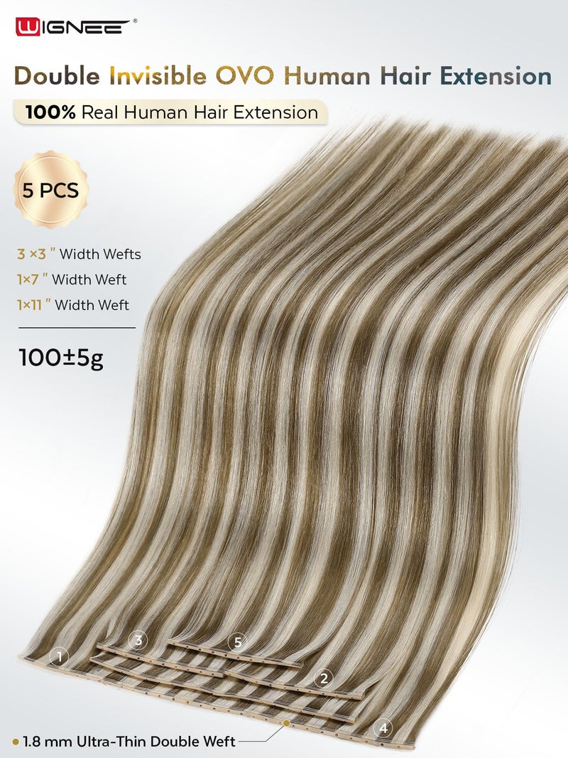 WIGNEE Double Hand Tied OVO Weft Hair Extensions Human Hair 100% Real Remy Hair Beaded Weft Hair Extensions Human Hair Glueless 18 Inch Dirty Blonde Wefts - Image 2