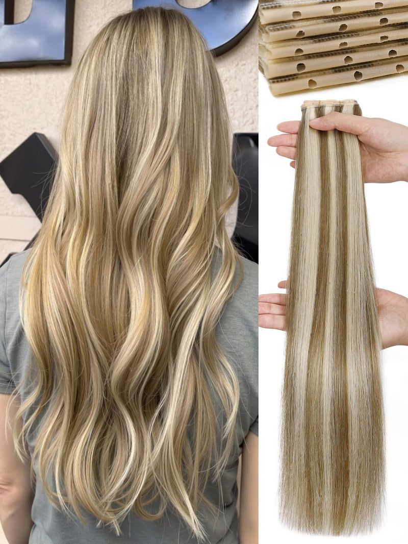 WIGNEE Double Hand Tied OVO Weft Hair Extensions Human Hair 100% Real Remy Hair Beaded Weft Hair Extensions Human Hair Glueless 18 Inch Dirty Blonde Wefts - Image 1