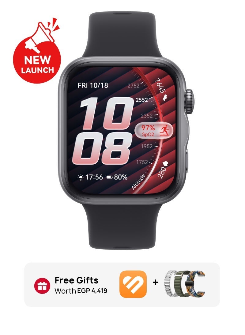 هواوي WATCH FIT 5 Smart Watch, 43mm FullView Display, iOS & Android, upto 10 Days Battery Life, Sleep & Health Monitor, Heart Rate Monitor, SpO2, GPS,Mini Work-out, Black with Free 3 Male Replacement Strap Black - Image 1