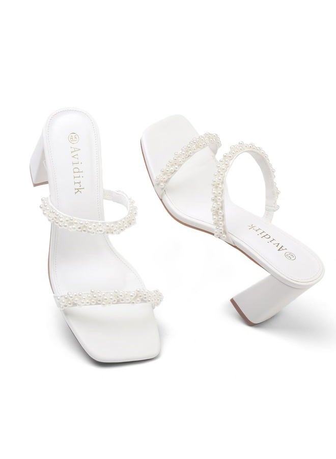 Avidirk Women's Square Open Toe Heeled Sandals Two Strap Mules Slip On Block Chunky Mid Heels Sandals, Pearl White, 7 - Image 2