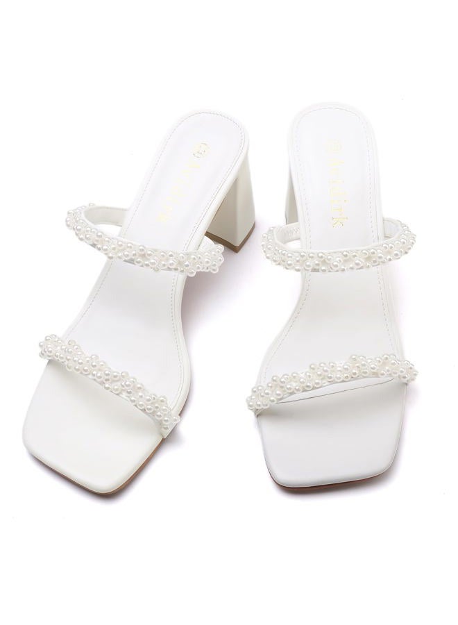 Avidirk Women's Square Open Toe Heeled Sandals Two Strap Mules Slip On Block Chunky Mid Heels Sandals, Pearl White, 7 - Image 4