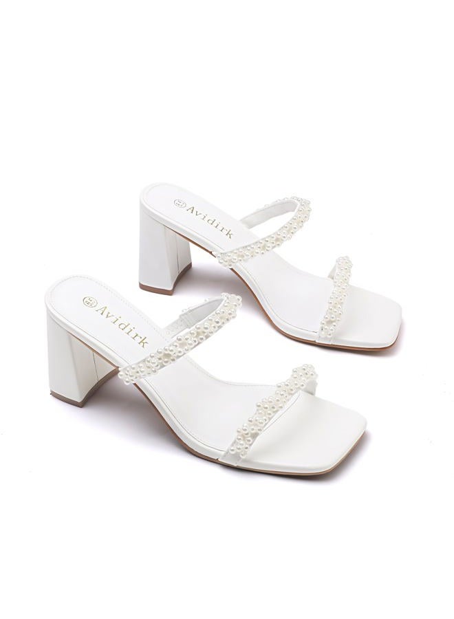 Avidirk Women's Square Open Toe Heeled Sandals Two Strap Mules Slip On Block Chunky Mid Heels Sandals, Pearl White, 7 - Image 3