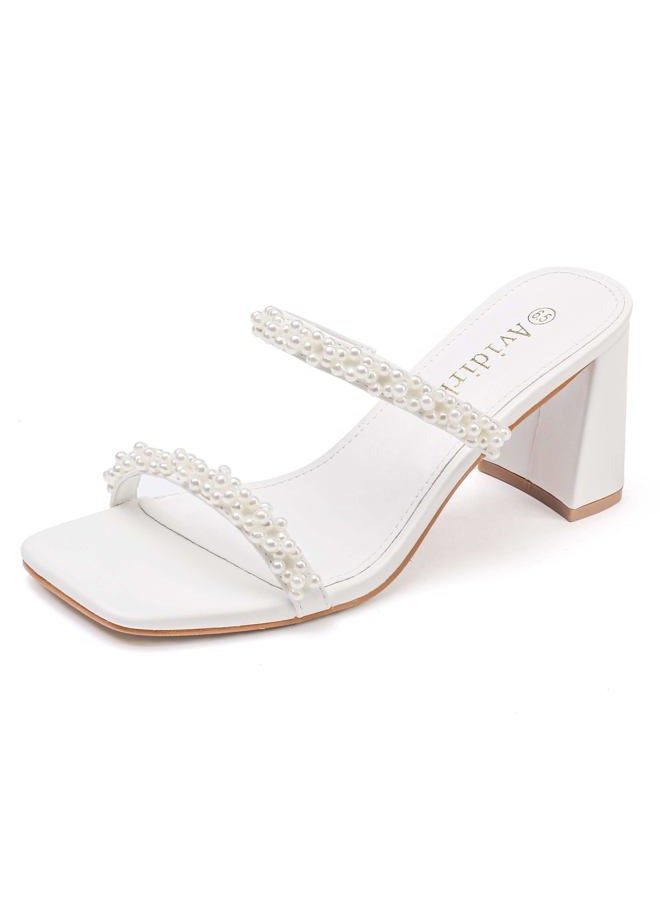 Avidirk Women's Square Open Toe Heeled Sandals Two Strap Mules Slip On Block Chunky Mid Heels Sandals, Pearl White, 7 - Image 1