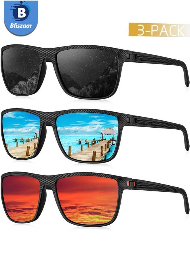 Bliszaar Polarized Sunglasses for Men (3 Packs), Lightweight Sun Glasses with UV Protection for Driving Fishing Golf, Lens Colour Black/Ice Blue/Red  - Image 1