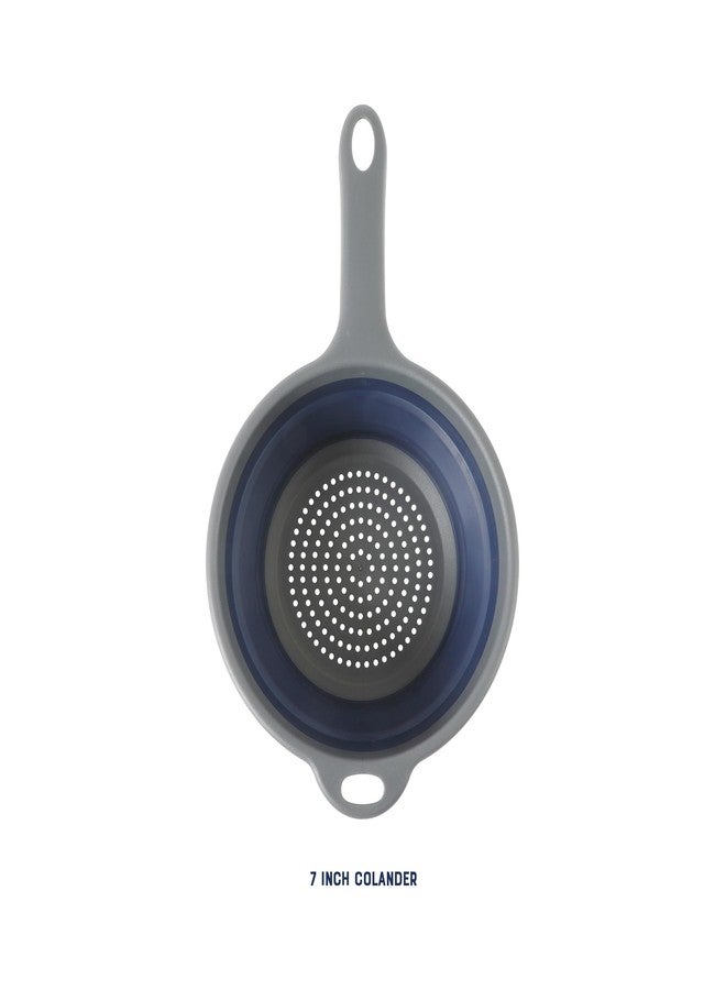 Oster Bluemarine Foldable Handled Strainer – 7-Inch Collapsible Colander for Pasta, Veggies, Fruits, Compact Kitchen Tool, Dishwasher Safe, Blue/Grey - Image 3