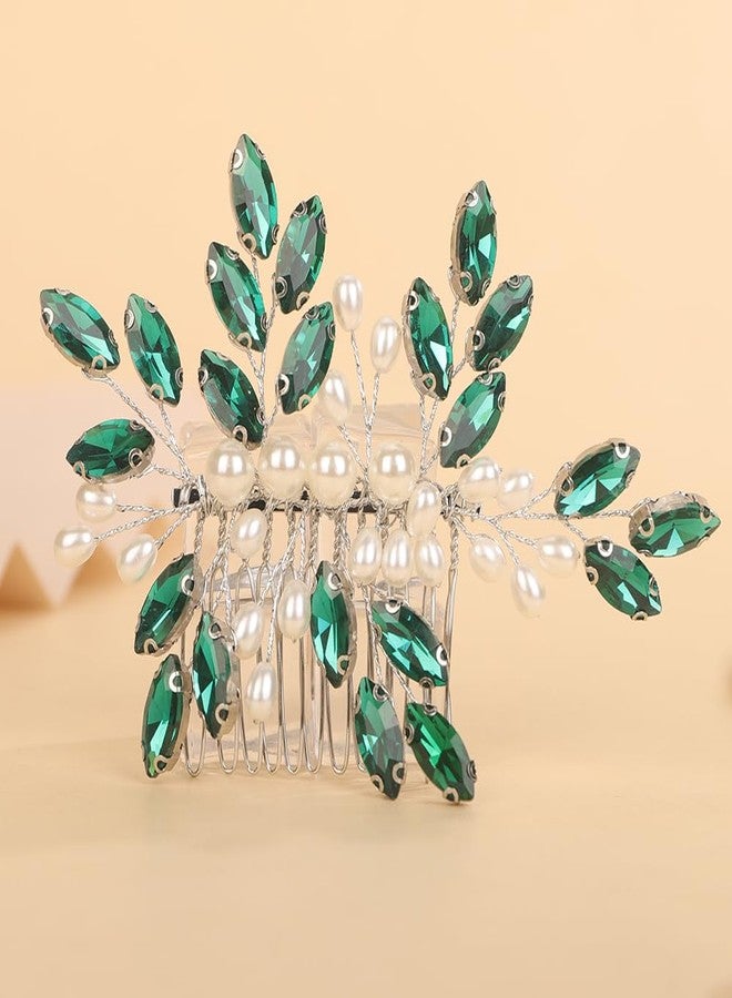 BERYUAN Crystal Rhinestone Hair Comb Rhinestone Pearls Headpiece Teardrop Rhinestone Wedding Hair Accessories for Women (peacock green) - Image 1