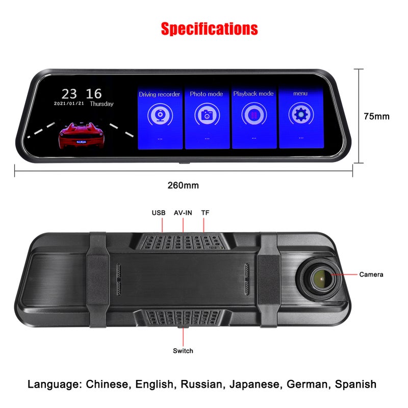 1080P Rear View Dash Cam 9.66 Inch Touchscreen Car DVR Video Recorder Front & Rear Dual Camera Driving Recorder 170° Wide Angle Support Night Vision G-Sensor Loop Recording - Image 3