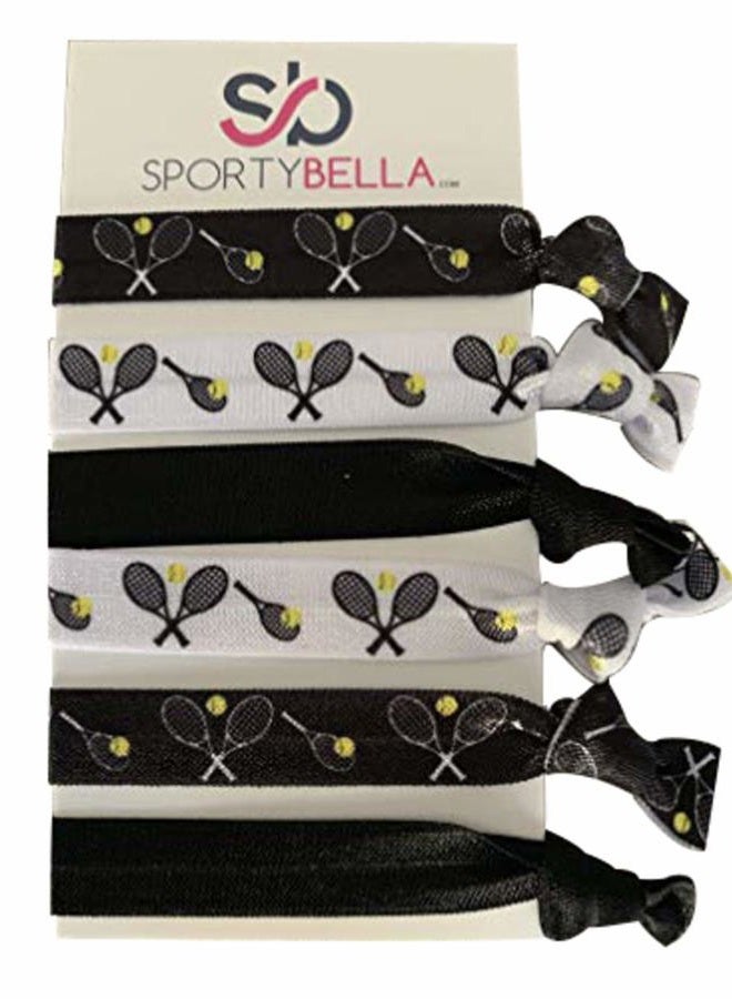 Sportybella Tennis Hair Accessories for Girls (Black/White) - No Crease Hair Ties or Elastics, Tennis-Inspired Design for Players, Stylish Hair Accessories for Young Tennis Players - (6 pcs) - Image 1