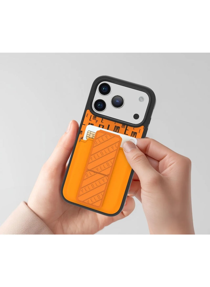 LEVELO iPhone 17 Pro Case Morphix Gripstand With Cardholder & Magnetic Strap Stand / Secure Hold / One-Hand Grip / Shock-Resistant Bumper / Luxury Printed Branding Back Cover - Sunrise Orange - Image 5