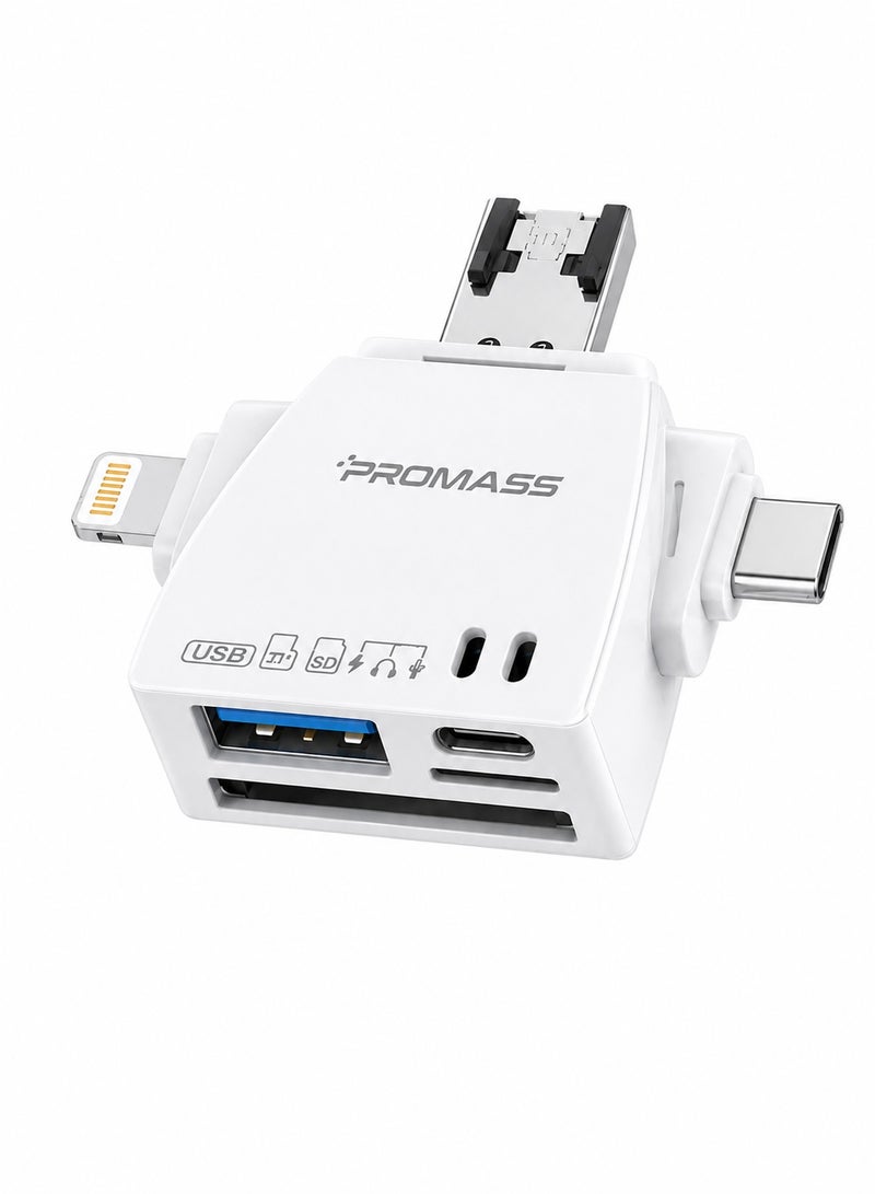 PROMASS PM-21365, 7-in-1 USB 3.0 Memory Card Reader (Lightning + USB-C + USB-A) for SD/TF/Micro SD – Compatible with iPhone 15/14/13, iPad, Android, Samsung, PC, Camera, Hard Drive, Flash Drive; supports Type-C Audio Adapter, Keyboard, and Mouse – Charging - Image 1