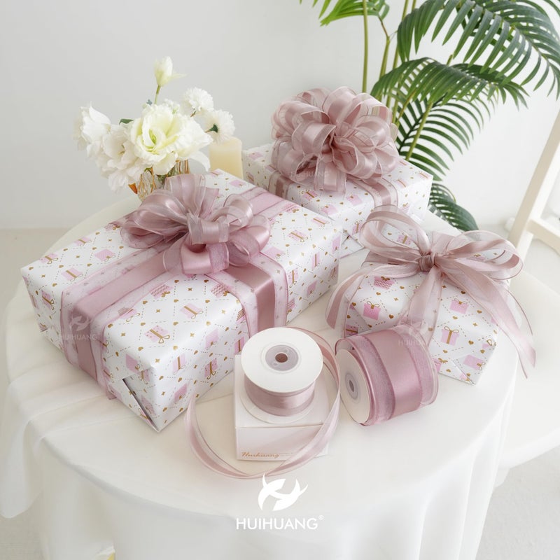 HUIHUANG Dusty Rose Sheer Wired Ribbon with Satin Stripe 2.5 inch Mauve Wire Ribbon for Bows Making, Wreaths, Gift Wrapping, Wedding Bridal Shower Decor, Christmas Tree-Continous 10 Yards - Image 3