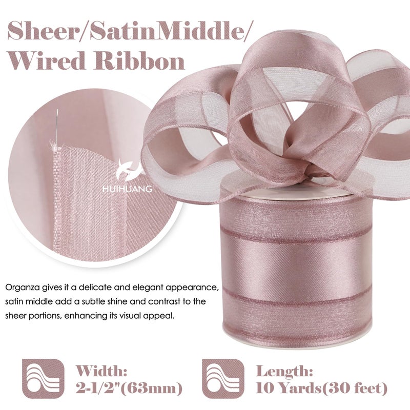 HUIHUANG Dusty Rose Sheer Wired Ribbon with Satin Stripe 2.5 inch Mauve Wire Ribbon for Bows Making, Wreaths, Gift Wrapping, Wedding Bridal Shower Decor, Christmas Tree-Continous 10 Yards - Image 2