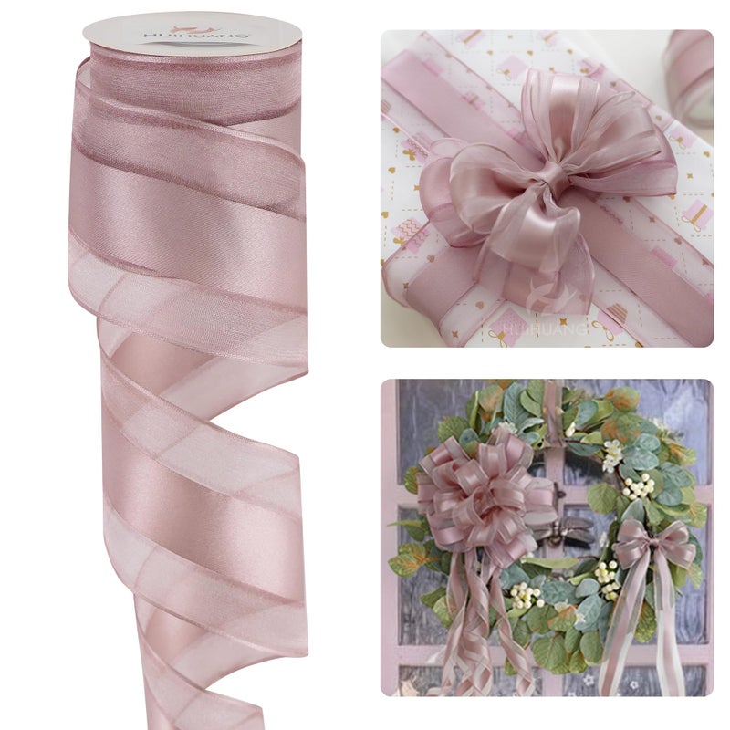 HUIHUANG Dusty Rose Sheer Wired Ribbon with Satin Stripe 2.5 inch Mauve Wire Ribbon for Bows Making, Wreaths, Gift Wrapping, Wedding Bridal Shower Decor, Christmas Tree-Continous 10 Yards - Image 1