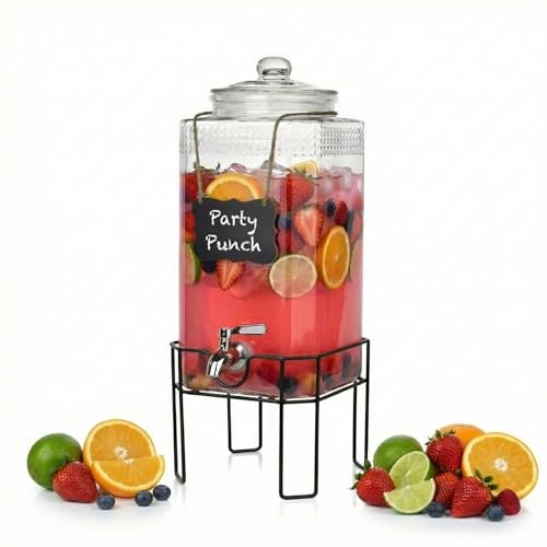 Edycur 2 Gallon Glass Drink Dispenser Drink Dispensers for Parties Beverage Dispenser with Stand and Glass Lid 100 Leakproof Spigot Ideal for Lemonade Juice Laundry Detergent Dispenser - Image 1