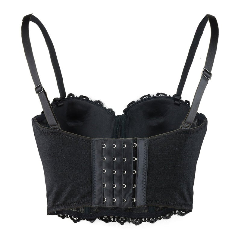 ELLACCI Women's Natural Reigning Lace Rhinestone Bustier Crop Top Sexy Mesh Corset Top Bra Medium Black - Image 3