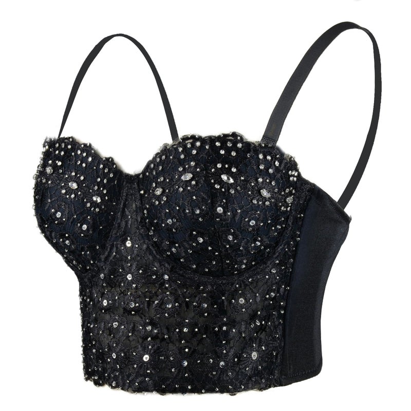 ELLACCI Women's Natural Reigning Lace Rhinestone Bustier Crop Top Sexy Mesh Corset Top Bra Medium Black - Image 1
