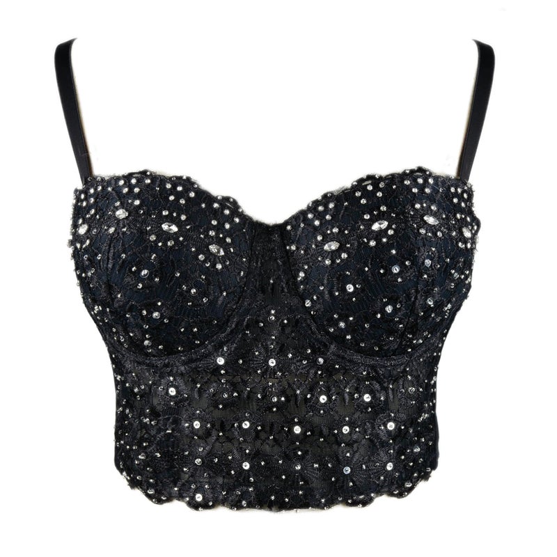ELLACCI Women's Natural Reigning Lace Rhinestone Bustier Crop Top Sexy Mesh Corset Top Bra Medium Black - Image 2