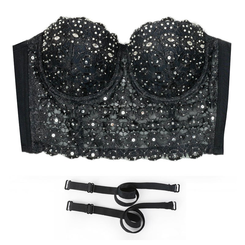 ELLACCI Women's Natural Reigning Lace Rhinestone Bustier Crop Top Sexy Mesh Corset Top Bra Medium Black - Image 4