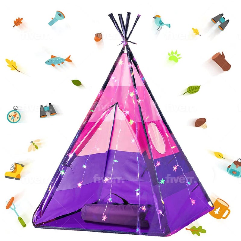 LimitlessFunN Teepee Kids Play Tent Includes Star Lights Carrying Case Children Indoor Playhouse for Girls Toddlers 42 D x 42 W x 60 H