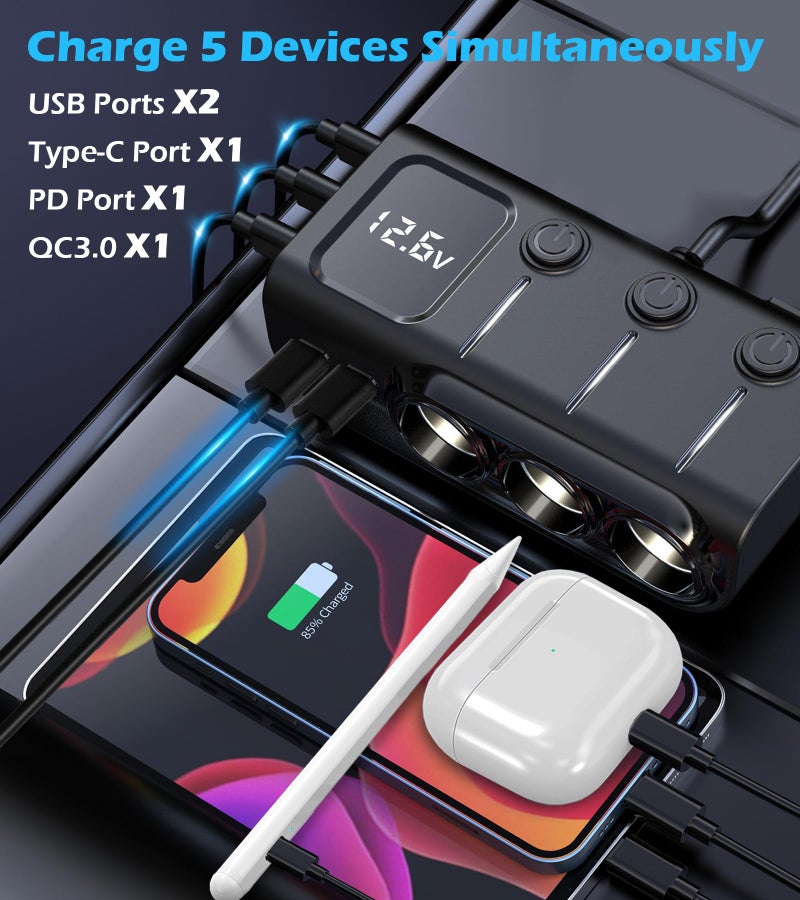LIHAN 8 in 1 Cigarette Lighter Splitter, LIHAN 3 Socket Car Charger Adapter, Type-C QC3.0 PD36W Dual USB Charger Port, Car 12V/24V Plug Outlet with Independent Switches, LED Voltmeter(3.3FT Cable) - Image 2